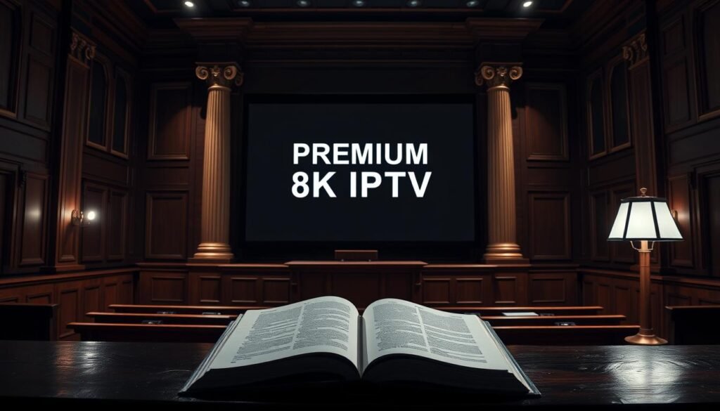 A dimly lit courtroom interior, with ornate wooden benches and a raised dais at the front. In the center, a large projection screen displays the text "PREMIUM 8K IPTV" in bold, high-resolution lettering. The screen is flanked by two imposing columns, casting dramatic shadows across the scene. The lighting is somber, with a sense of gravity and legal authority. In the foreground, a leather-bound law book lies open, its pages illuminated by a single desk lamp. The overall atmosphere conveys the serious legal considerations surrounding the use of SVENSK IPTV in the United States.