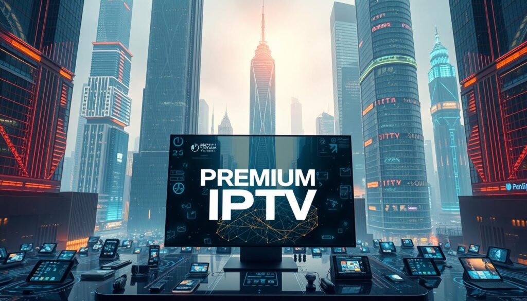 A futuristic cityscape featuring cutting-edge IPTV technology. In the foreground, a sleek, minimalist smart TV displays the PREMIUM 8K IPTV logo against a backdrop of holographic interfaces and virtual touchscreens. The middle ground showcases a network of interconnected devices, from tablets to smartphones, seamlessly streaming high-quality content. In the background, towering skyscrapers with intricate architectural designs and vibrant LED lighting create an awe-inspiring, technologically advanced environment. The scene is illuminated by a warm, cinematic lighting that casts a sense of progress and innovation. Captured with a wide-angle lens to convey the scope and scale of this futuristic IPTV ecosystem.
