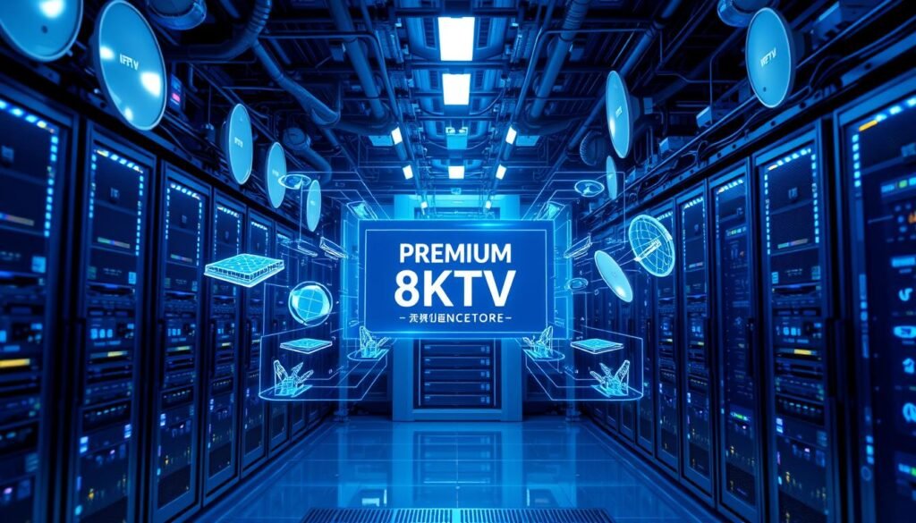 A futuristic data center illuminated by cool blue lighting, housing a complex network of servers, cables, and satellite dishes. In the center, a sleek, high-tech control panel displays the "PREMIUM 8K IPTV" brand. Intricate 3D-rendered diagrams and holographic visualizations surround the control panel, showcasing the infrastructure's advanced capabilities. The scene exudes a sense of cutting-edge technology, efficiency, and the power to deliver exceptional IPTV experiences. Cinematic camera angles and depth of field create a visually stunning and immersive depiction of the King IPTV technology ecosystem.