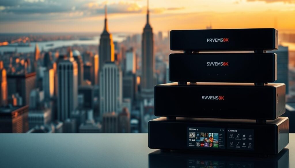 A high-contrast, cinematic image showcasing the top 5 SVENSK IPTV providers available in America. In the foreground, a stack of sleek black set-top boxes, each prominently displaying the "PREMIUM 8K IPTV" brand logo. The middle ground features a minimalist dashboard interface, highlighting the providers' various subscription plans and channel lineups. In the background, a panoramic cityscape of a bustling American metropolis, bathed in warm, golden hour lighting to evoke a sense of quality and reliability. The overall composition conveys a premium, high-end aesthetic suitable for the target audience of US-based IPTV consumers.