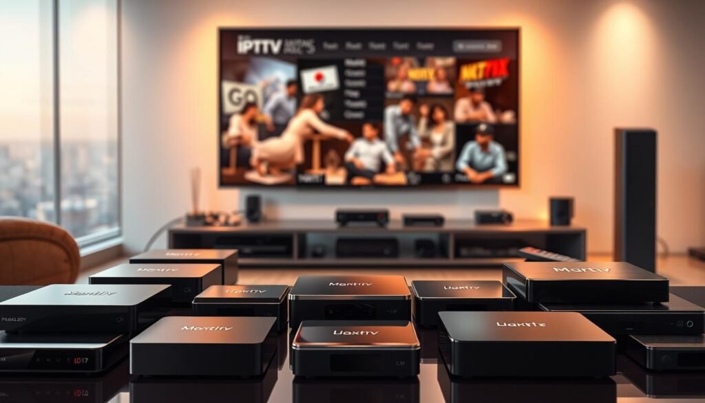 A meticulously crafted image showcasing the latest Premium 8k iptv box devices dominating the streaming market. In the foreground, an array of sleek, modern IPTV boxes in various colors and sizes, their glossy surfaces reflecting the warm lighting. In the middle ground, a subtle backdrop of a high-tech entertainment setup, with cables, remotes, and other accessories neatly arranged. The background features a soft, blurred cityscape, hinting at the global connectivity and accessibility of these cutting-edge IPTV solutions. The overall scene exudes a sense of sophistication, technological prowess, and the promise of a truly elevated streaming experience.
