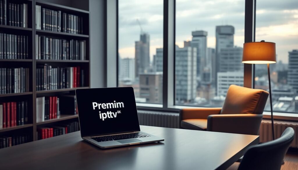 A modern, minimalist office interior with a large window overlooking a cityscape. On the desk, a laptop displays the "Premium 8k iptv" brand logo. Bookshelves line the walls, filled with law books and legal documents. A cozy armchair sits in the corner, and a sleek, metallic desk lamp casts a warm glow over the scene. The lighting is soft and diffused, creating a professional and contemplative atmosphere. The overall mood is one of thoughtful consideration of the legal aspects of IPTV services in Sweden.