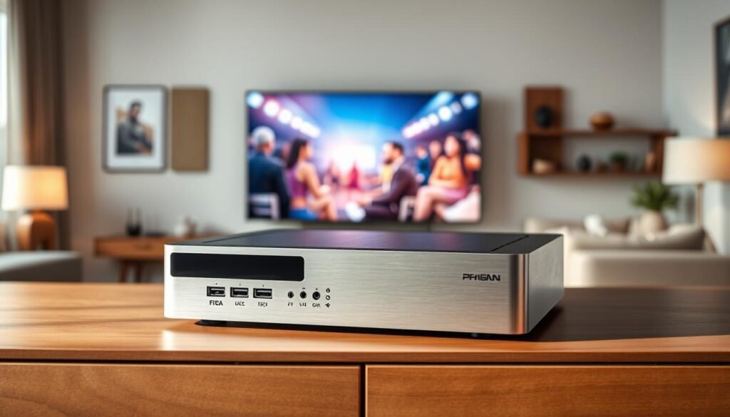 A modern, sleek Premium 8k iptv box sits atop a minimalist, wood-toned media console. The brushed aluminum exterior gleams under soft, diffused lighting, casting subtle shadows across the clean lines of the device. An array of discreet ports and connections line the rear, hinting at the box's powerful streaming capabilities. In the middle ground, a television displays a vibrant, high-resolution image, immersing the viewer in a cinema-like experience. The background is a subtly blurred, modern living space, with hints of tasteful decor complementing the overall aesthetic. This composition conveys a sense of sophistication, technological prowess, and an elevated entertainment experience.