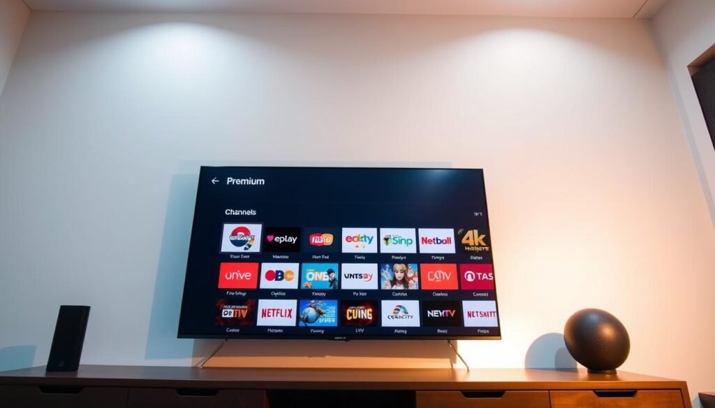 A modern, well-designed IPTV service interface with a sleek user experience. The screen displays a comprehensive selection of premium channels, including "Premium 8k iptv", presented in a clean grid layout. The icons are sharp, the color palette is soothing, and the overall presentation conveys a sense of professionalism and high-quality entertainment. The lighting is soft and evenly distributed, creating a warm, inviting atmosphere. The camera angle provides a clear, centered view of the interface, allowing the viewer to easily navigate and appreciate the selection of channels on offer.