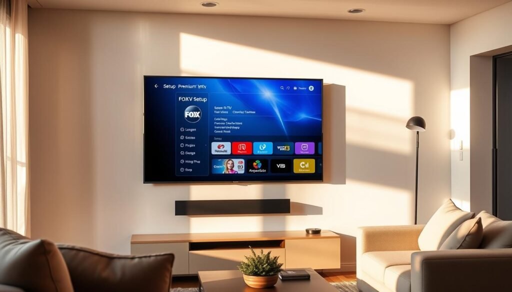 A modern, well-lit living room with a sleek, wall-mounted Smart TV. On the TV screen, a setup interface for the Premium 8k iptv service "FOXX IPTV" is displayed, showcasing its user-friendly navigation and extensive channel options. The room is accented with minimalist decor, allowing the TV to be the focal point. Warm, natural lighting illuminates the scene, creating a cozy and inviting atmosphere. The prompt should capture the ease and convenience of setting up FOXX IPTV on a Smart TV, reflecting the article's subject and section title.