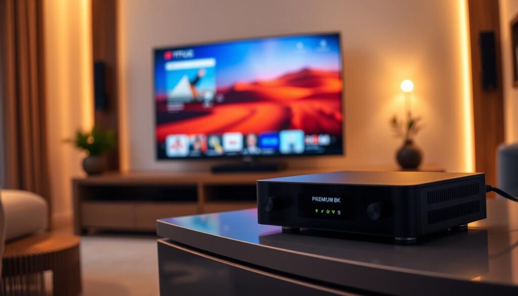 A serene home setup with a PREMIUM 8K IPTV device on a sleek, modern entertainment unit. The device's status indicator glows softly, signaling a stable, buffering-free IPTV connection. The room is bathed in warm, ambient lighting, creating a cozy and inviting atmosphere. In the background, a large, high-definition television displays vibrant, seamless streaming content, showcasing the IPTV's exceptional performance. The overall scene conveys a sense of reliability and effortless entertainment, perfectly capturing the essence of troubleshooting common IPTV issues for Swedish users.