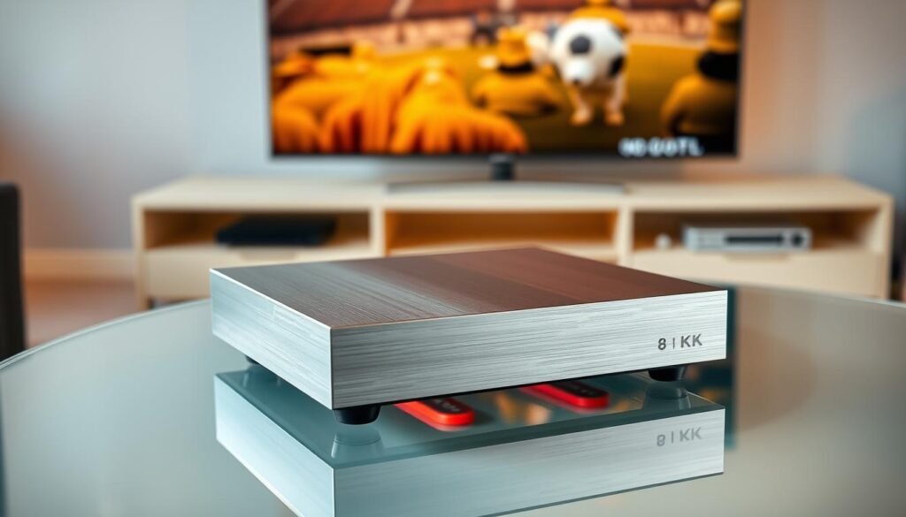 A sleek and modern Premium 8K IPTV box rests prominently on a minimalist glass table, its sharp edges and clean lines reflecting the contemporary ambiance of the room. The device's brushed metal casing glistens under the warm, focused lighting, casting subtle shadows that accentuate its premium design. In the background, a large, high-definition television displays crisp, vibrant images, hinting at the exceptional streaming capabilities of the IPTV box. The scene conveys a sense of technological sophistication and convenience, perfectly suited for the discerning Belgian viewer seeking the ultimate in home entertainment.