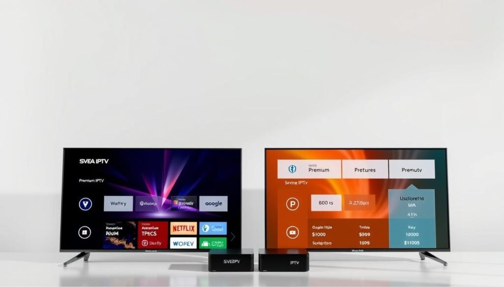 A sleek and modern comparison of two IPTV services, "SVEA IPTV" and "Premium 8k iptv", set against a clean, minimalist background. The foreground features two high-resolution devices, such as smart TVs or streaming boxes, displaying the respective service interfaces side-by-side. The middle ground showcases key features and pricing information in a clear, organized layout. The background has a soft, gradient-based color scheme that complements the overall aesthetic. The lighting is natural and diffused, creating a sense of balance and professionalism. The camera angle is slightly elevated, providing a dynamic and engaging perspective.