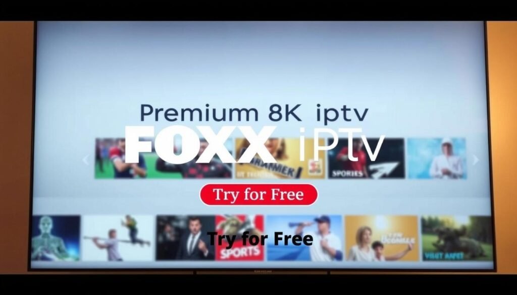 A sleek and modern user interface displaying the "Premium 8k iptv" brand name, showcasing a free trial option for the FOXX IPTV service. The foreground features a clean, minimalist design with a large "Try for Free" button, inviting the user to explore the service. The middle ground depicts various content categories such as live sports, movies, and premium channels, hinting at the breadth of FOXX IPTV's offerings. The background is a soft, blurred gradient, creating a sense of depth and focus on the key elements. The overall scene is lit by warm, natural lighting, conveying a welcoming and accessible atmosphere for the user to evaluate the FOXX IPTV service before committing.
