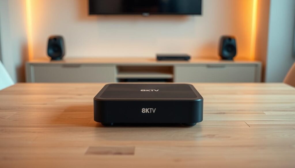 A sleek, modern box iptv device sits prominently on a minimalist wooden table, illuminated by warm, soft lighting. The device's premium 8k iptv branding is visible on the front panel, conveying a sense of high-quality and cutting-edge technology. The surrounding area is uncluttered, allowing the box to be the focal point. The mood is one of simplicity, elegance, and the promise of an immersive entertainment experience. The camera angle is slightly elevated, providing a clean, professional view of the setup, ready to showcase the best IPTV options for Portuguese viewers.
