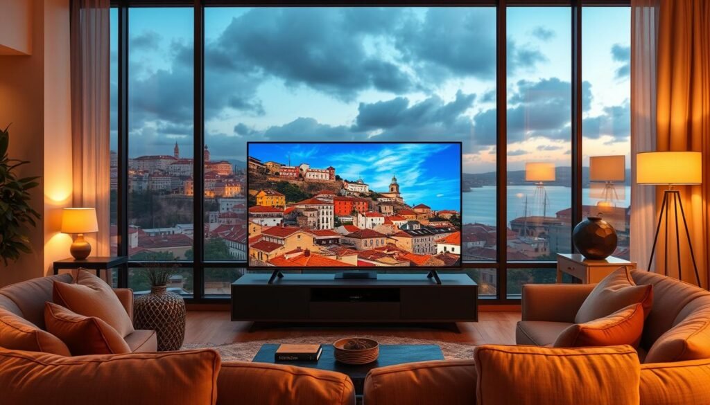 A visually stunning and immersive scene of the "Premium 8k IPTV" experience. In the foreground, a sleek, modern television set displays vibrant, high-definition content, showcasing the exceptional picture quality of the MEO IPTV service. Surrounding the television, a luxurious and cozy living room setting, complete with plush furniture and warm lighting, creates an inviting atmosphere for the ultimate entertainment experience. In the background, a large window overlooking a picturesque Portuguese cityscape, providing a glimpse of the diverse content and cultural offerings available through the MEO IPTV platform. The scene is captured with a wide-angle lens, allowing for a comprehensive view of the premium entertainment hub, while the lighting is soft and warm, evoking a sense of comfort and relaxation.