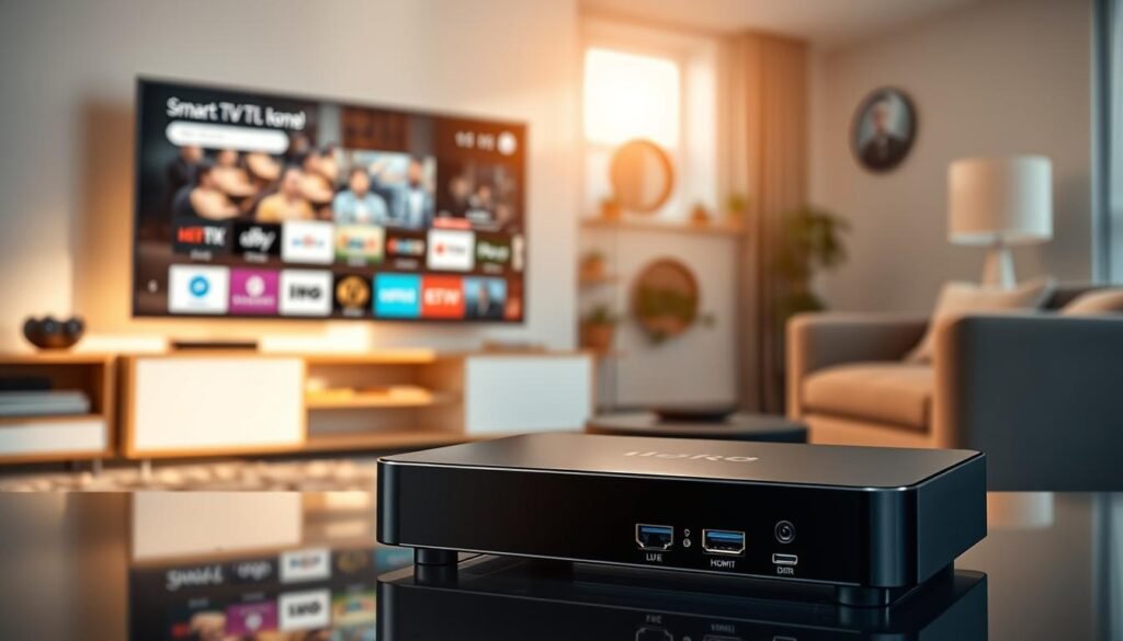 A well-lit, high-resolution image showcasing the essential features of a Premium 8K IPTV service. The foreground displays a sleek, modern IPTV device with multiple connectivity options, including HDMI, Ethernet, and USB ports. The middle ground features a smart TV interface with a clean, intuitive layout, highlighting a wide selection of live TV channels, on-demand content, and advanced features like parental controls and DVR capabilities. The background depicts a cozy, contemporary living room setting, conveying the seamless integration of the IPTV service into the home entertainment experience. The overall scene radiates a sense of sophistication, convenience, and unlimited entertainment possibilities.
