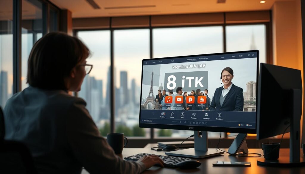 A well-lit office scene with a desktop computer displaying a user interface for a "Premium 8k iptv" service. The user is interacting with a friendly customer support agent, emphasizing the reliable and responsive nature of the service. Soft, warm lighting illuminates the scene, creating a sense of professionalism and trust. The background features a cityscape visible through a large window, suggesting the global reach and accessibility of the IPTV platform. The overall atmosphere conveys a seamless, high-quality user experience that caters to the modern viewer's needs.