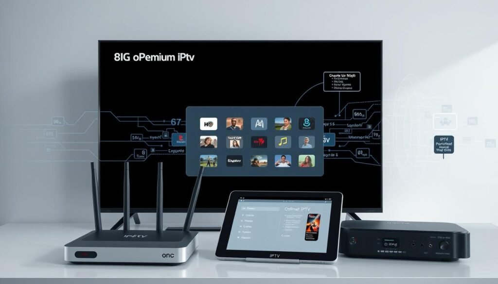 An expertly composed and detailed technical schematic depicting the "Premium 8k iptv" requirements for optimal IPTV experience. The foreground showcases the essential hardware components - a smart TV, a high-speed internet router, and a compact IPTV set-top box. The middle ground features a clean, minimalist user interface on a tablet device, highlighting the seamless content navigation and control. The background depicts a dynamic visualization of the network infrastructure, with data streams and bandwidth indicators conveying the robust technical specifications needed for a premium IPTV service. Lighting is bright and evenly distributed, with a cool, professional color palette. The overall mood is one of modern, reliable technology ready to deliver an exceptional home entertainment experience.