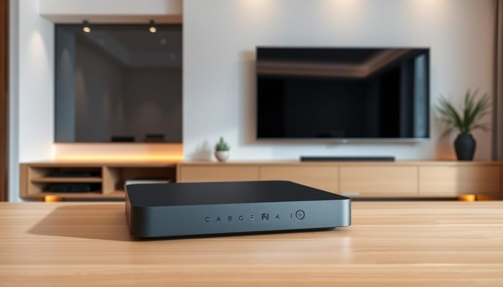 An interior room in a modern home, with an android IPTV box setup on a sleek, minimalist media console. The box is the Premium 8k iptv model, its crisp edges and premium matte black finish contrasting against the light wood tones of the console. On the wall behind, a large flatscreen TV displays a vibrant, high-definition image. Soft, indirect lighting from hidden sources creates a warm, inviting ambiance. The room is uncluttered, with clean lines and a serene, tranquil atmosphere, perfect for an immersive streaming experience.
