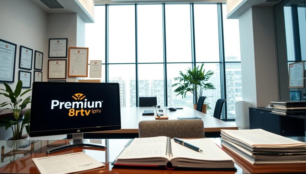 Elegant modern office interior with a clean, professional atmosphere. In the foreground, a sleek desktop computer displays the "Premium 8k iptv" brand logo. Surrounding it, various legal documents and certificates showcase the company's credentials and compliance with regulations. In the middle ground, a well-organized workstation with a planner, pen, and a neatly stacked pile of papers. The background features floor-to-ceiling windows, allowing natural light to flood the space and create a sense of transparency. The overall composition conveys a sense of legitimacy, trustworthiness, and attention to detail in the IPTV service provider's operations.