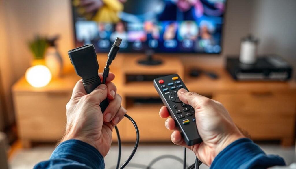 Prompt A detailed, close-up view of a person's hands troubleshooting a PREMIUM 8K IPTV setup. The hands are holding various cables, remote controls, and electronic devices against a blurred background of a home entertainment system. Soft, warm lighting illuminates the scene, creating a cozy, problem-solving atmosphere. The image conveys a sense of focus, problem-solving, and the technical expertise required to maintain a high-quality IPTV service.