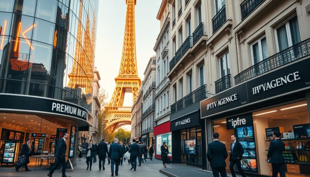 A bustling Parisian street, the iconic Eiffel Tower looming in the background. In the foreground, a modern office building with a sign reading "PREMIUM 8K IPTV" stands out, its sleek glass facade reflecting the city's vibrant energy. Professionals in sharp suits hurry in and out, discussing the latest advancements in IPTV technology. The middle ground features smaller IPTV agencies, their storefronts adorned with displays showcasing the latest channels and packages. Passersby stop to inquire, highlighting the integral role these agencies play in the thriving IPTV ecosystem in France. The scene is bathed in warm, golden light, conveying a sense of professionalism and growth within the industry.