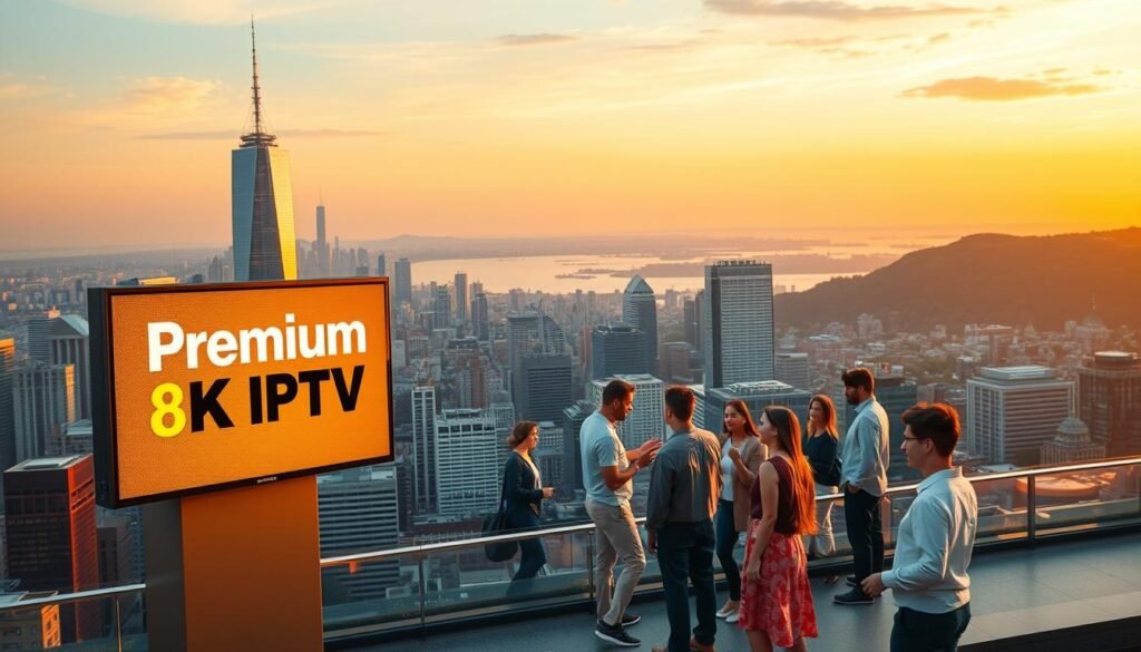 A bustling city skyline at golden hour, with a digital display in the foreground showcasing the brand name "Premium 8K IPTV". In the middle ground, a group of diverse people engaged in lively discussions, representing the marketing aspect of the IPTV reseller business. The background features a serene, picturesque landscape, conveying the reliability and quality of the streaming service. The overall scene is illuminated by a warm, inviting lighting, creating a sense of professionalism and opportunity.