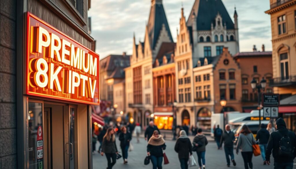 A cityscape of Quebec, Canada in the evening. In the foreground, a storefront with a neon sign that reads "PREMIUM 8K IPTV", showcasing the latest 4K IPTV services available locally. The storefront is well-lit, with a modern, sleek design. In the middle ground, people are walking along the street, some carrying bags, others enjoying the vibrant atmosphere. The background features the iconic architecture of Old Quebec, with its historic buildings, cobblestone streets, and a view of the St. Lawrence River in the distance. The scene is bathed in a warm, golden glow, creating a cozy and inviting atmosphere.