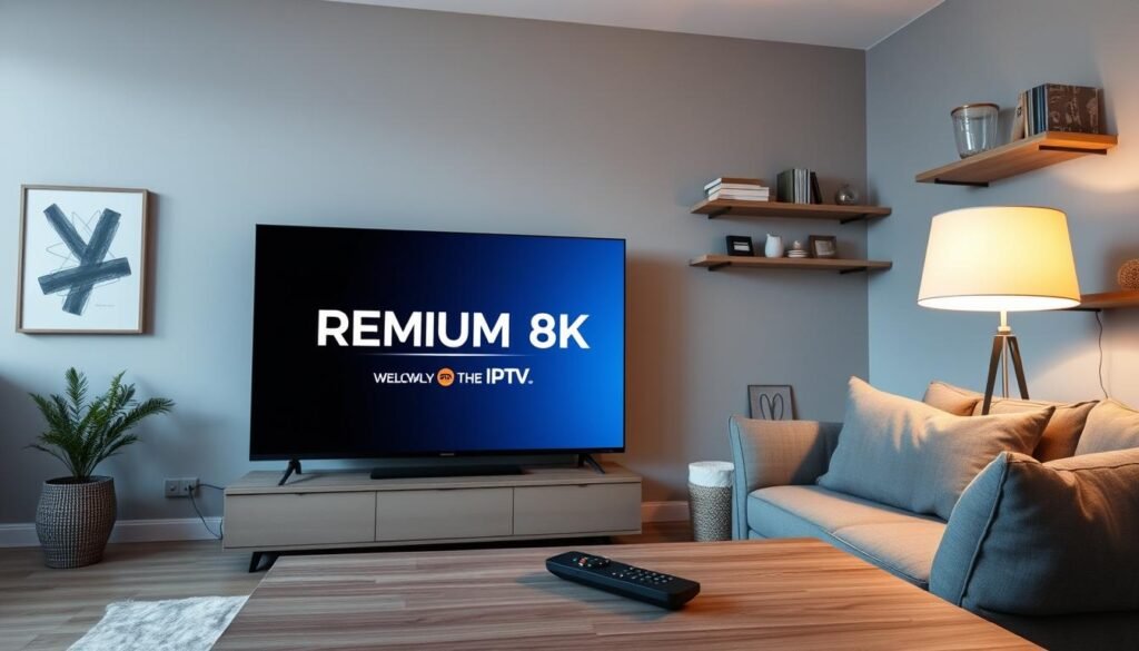 A cozy Swedish living room with a large TV displaying the PREMIUM 8K IPTV service logo, showcasing its high-quality streaming capabilities. In the foreground, a modern coffee table with a sleek remote control and a stylish lamp providing soft, warm lighting. On the walls, minimalist Scandinavian-inspired artwork and shelves featuring Swedish design elements. The room is bathed in a muted color palette of grays, blues, and natural wood tones, creating a serene, sophisticated atmosphere that reflects the legal and regulatory landscape surrounding IPTV in Sweden.