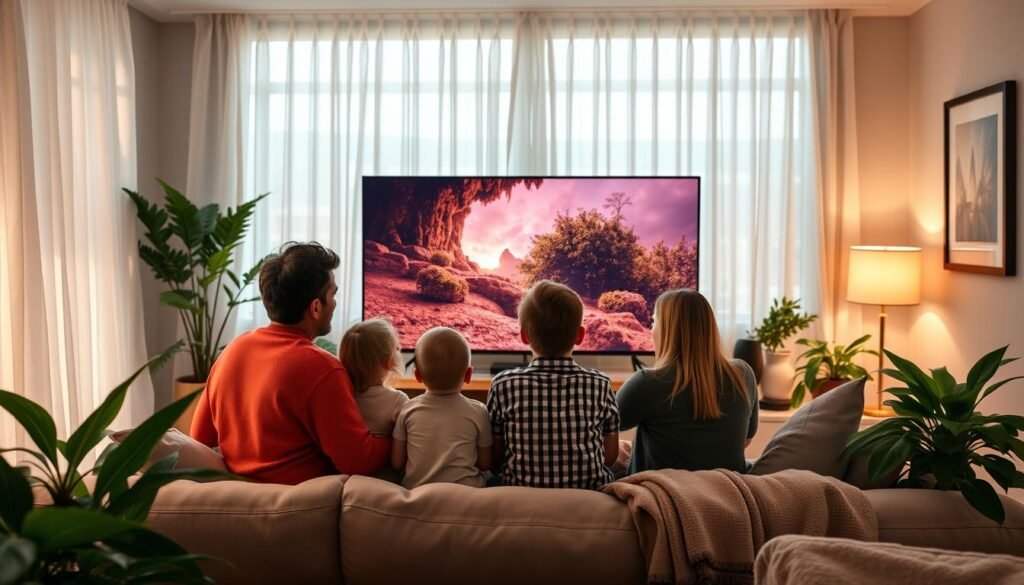 A cozy living room with a family of four gathered around a large TV screen, sharing the experience of PREMIUM 8K IPTV. Soft lighting filters through sheer curtains, creating a warm, inviting atmosphere. The parents and two children sit comfortably on a plush sofa, their faces illuminated by the vivid, high-resolution display. Lush houseplants and framed artwork adorn the walls, lending a sense of home and togetherness. The room exudes a spirit of shared entertainment and family bonding, perfectly capturing the essence of "Le sharing IPTV : maximisez votre abonnement en famille".