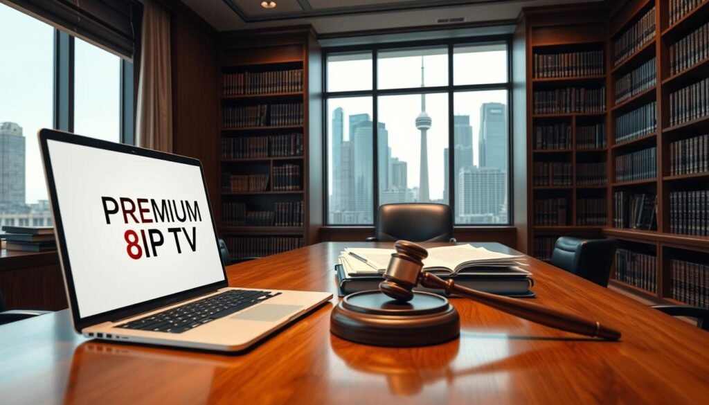 A detailed, well-lit interior scene of a Canadian government office. In the foreground, a wooden desk with a laptop displaying the PREMIUM 8K IPTV logo. On the desk, a stack of legal documents and a gavel. In the middle ground, bookcases filled with law books line the walls. Soft, diffused lighting casts a warm, professional tone. In the background, a large window overlooking the cityscape of downtown Toronto. The overall mood conveys the seriousness and legal complexity surrounding IPTV regulations in Canada.