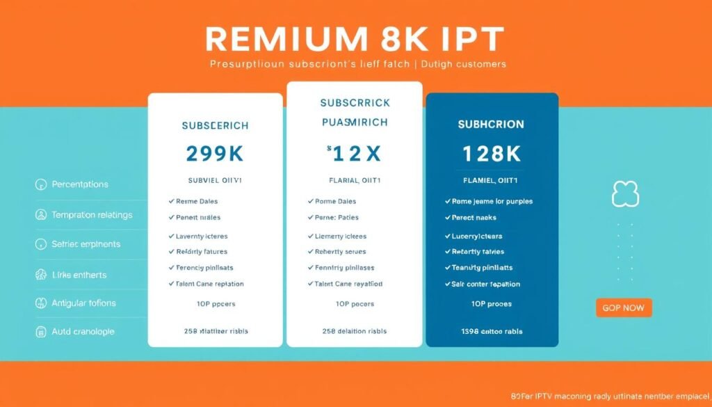 A high-quality, visually appealing illustration showcasing the subscription plans and pricing of PREMIUM 8K IPTV for Dutch customers. The image should depict a sleek, modern design with a clean layout, highlighting the various plan tiers, features, and pricing details in a visually engaging manner. The composition should feature a minimalist, elegant style with a focus on typography, iconography, and color schemes that convey a sense of professionalism and reliability. The overall mood should be one of sophistication and trustworthiness, reflecting the premium nature of the IPTV service.