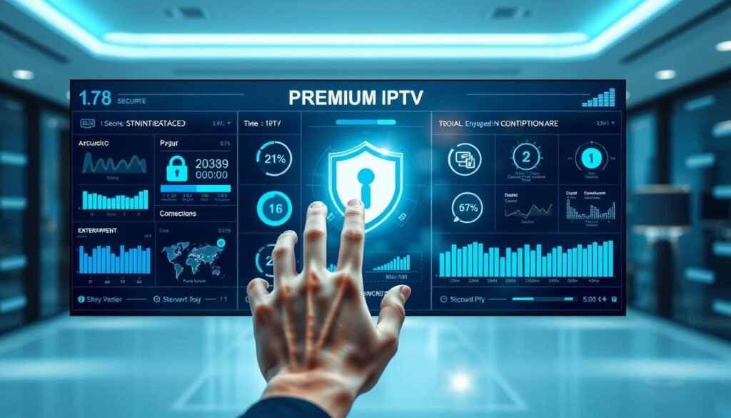 A high-tech security interface with a sleek, modern design, showcasing the PREMIUM 8K IPTV brand. The display features a grid of dynamic data visualizations, real-time monitoring, and encrypted connection indicators. In the foreground, a hand hovers over a touchscreen panel, navigating the secure IPTV system. The middle ground depicts a minimalist, well-lit workspace with subtle blue and green lighting, conveying a sense of professionalism and digital prowess. The background fades into a blurred cityscape, hinting at the global reach and technological sophistication of the IPTV service.