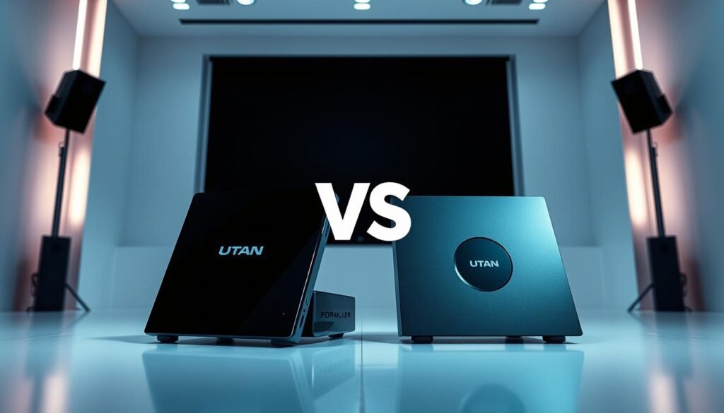 A high-tech showdown between the sleek IPTV UTAN BOX and the Formuler IPTV Box, set against a clean, modern backdrop. Showcase their premium design and advanced features in a meticulously lit studio environment, captured through a cinematic lens. Highlight the 8K IPTV capabilities of the UTAN BOX, juxtaposed with the Formuler's robust media playback and streaming prowess. Convey a sense of technological sophistication and consumer-friendly functionality, guiding the viewer to appreciate the nuances that elevate the IPTV experience.
