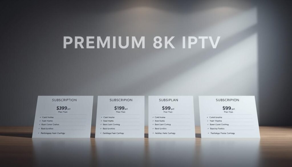 A highly detailed, photorealistic image of subscription plans for a premium 8K IPTV service. The foreground features four different plan options, each with a clear price and description. The plans are presented on sleek, minimalist cards with a clean, modern layout. The background has a subtle yet elegant gradient, creating a sense of depth and sophistication. Soft lighting from above casts gentle shadows, emphasizing the three-dimensional nature of the plans. The overall mood is one of high-quality, premium entertainment, reflecting the "PREMIUM 8K IPTV" brand. The image is composed to draw the viewer's attention to the key details of the subscription plans.