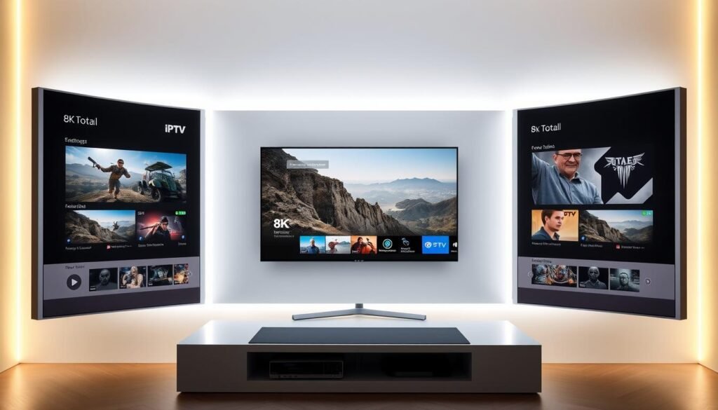 A minimalist and modern user interface for a premium 8k IPTV streaming service, with a clean layout and intuitive navigation. The foreground features a large central display showcasing high-quality 8k video content, framed by a sleek and minimalist design. The middle ground includes a sidebar with clearly labeled sections for different content categories, while the background has a subtle gradient or abstract pattern for a polished and visually striking aesthetic. Soft, diffused lighting illuminates the interface, creating a sense of depth and clarity. The overall mood is one of sophistication, technology, and user-friendliness, reflecting the premium quality of the IPTV TOTAAL streaming platform.