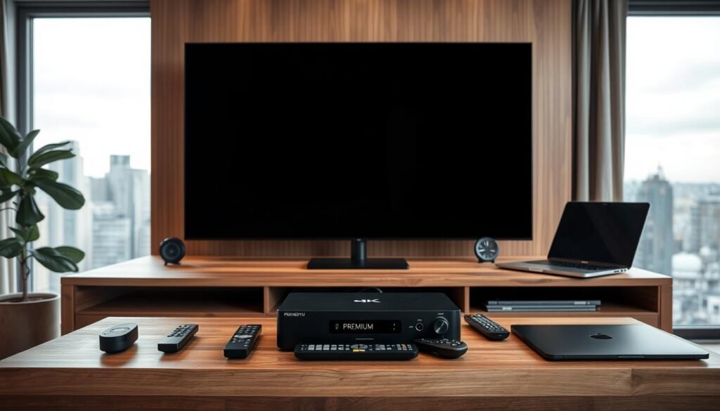 A minimalist, high-tech home entertainment setup with a sleek, black PREMIUM 8K IPTV streaming device prominently displayed on a modern, wooden media console. The device is flanked by various remote controls and a laptop, creating a cohesive, streamlined workspace for effortless Kung Fu streaming in Sweden. Subtle ambient lighting sets a calm, focused mood, while large windows in the background offer a glimpse of a city skyline. The overall scene conveys a sense of efficiency, professionalism, and a passion for cinematic experiences.