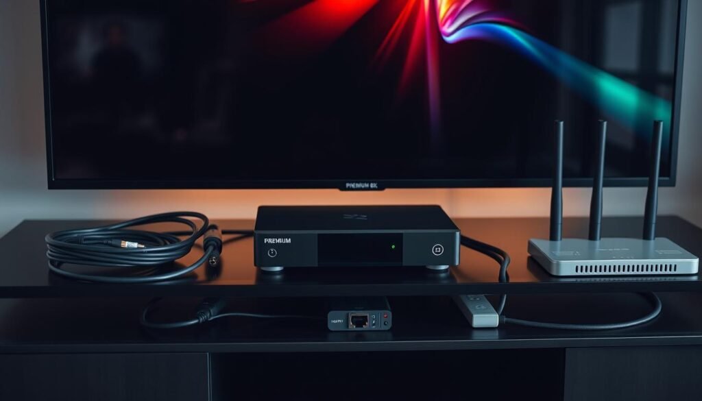A modern, minimalist 4K IPTV setup with a sleek black PREMIUM 8K IPTV media player at the center. The player is connected to a 4K Ultra HD smart TV with crisp, vibrant display. On the TV stand, various high-speed HDMI cables, ethernet cables, and a wireless router provide the necessary connectivity. The lighting is soft and indirect, creating a warm, inviting atmosphere. The entire setup is arranged neatly, showcasing the essential hardware for an immersive 4K IPTV experience.