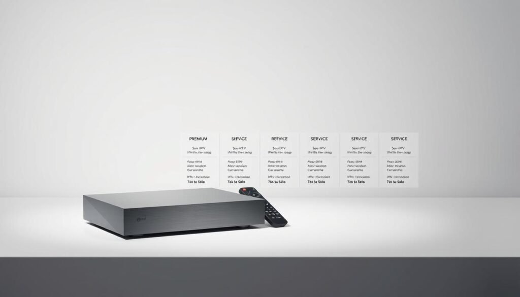 A modern, minimalist composition showcasing the "PREMIUM 8K IPTV" brand. Set against a clean, white background, the image features a sleek, brushed aluminum IPTV set-top box with a sharp, angular design. Positioned in the foreground, the device is accompanied by a simple, elegant remote control. The middle ground displays a grid of IPTV subscription package options, each with clear pricing and service details. Soft, directional lighting casts subtle shadows, emphasizing the high-quality, premium aesthetic. The overall mood is one of sophistication, clarity, and attention to detail, reflecting the value proposition of the "PREMIUM 8K IPTV" brand.