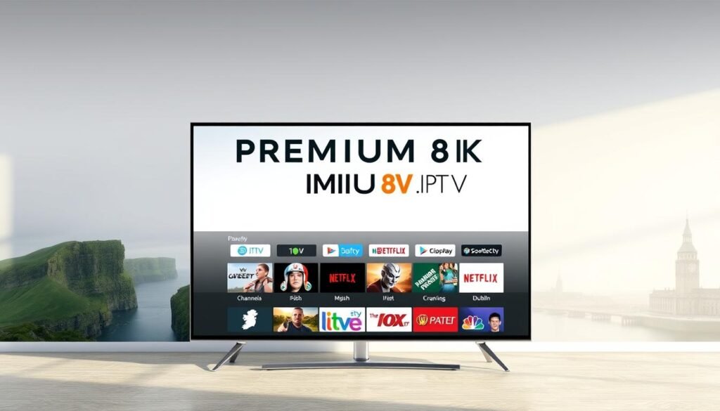 A modern, minimalist rendering of IPTV subscription services in Ireland. A sleek TV set is the centerpiece, showcasing the "PREMIUM 8K IPTV" brand against a backdrop of Irish landmarks like the Cliffs of Moher and Dublin's architecture. The TV screen displays a grid of popular Irish channels and on-demand content, highlighting the breadth of local programming available through the IPTV service. The lighting is soft and natural, conveying a sense of quality and reliability. The composition utilizes a 3/4 angle to create depth and visual interest. The overall mood is professional, high-end, and tailored to the Irish market.
