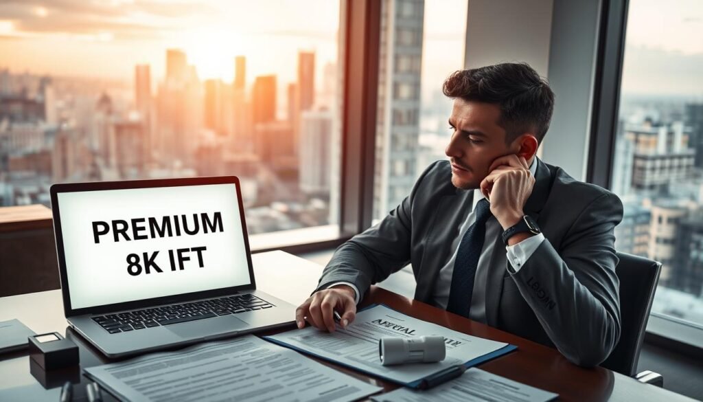 A modern office interior with a large window overlooking a bustling city skyline. On the desk, a laptop displays the text "PREMIUM 8K IPTV" against a backdrop of legal documents and paperwork. The lighting is warm and natural, casting a soft glow on the scene. In the foreground, a businessman sits contemplatively, one hand on the desk, the other holding a pen as he reviews the legal considerations surrounding the IPTV service. The mood is one of professionalism and thoughtful decision-making.