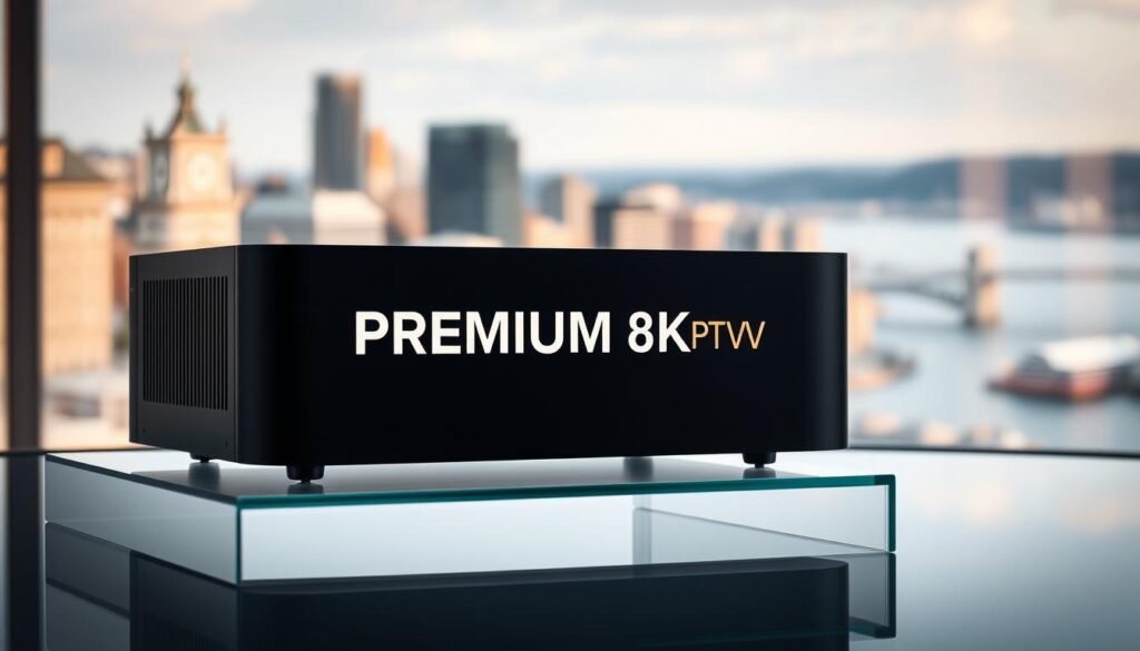A modern, sleek IPTV device with the "PREMIUM 8K IPTV" logo prominently displayed on a high-quality matte black body. The device sits on a minimalist glass or metal stand, casting subtle reflections. In the background, a blurred cityscape of Quebec City's iconic architecture, with the St. Lawrence River visible in the distance. Soft, warm lighting illuminates the scene, creating a sense of sophistication and technological advancement. The overall composition conveys the reliable, high-performance nature of the IPTV service, perfectly suited for the Quebec market.