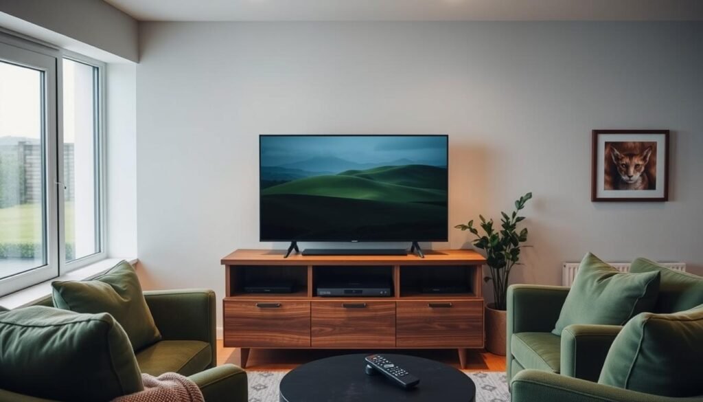 A modern, sleek PREMIUM 8K IPTV setup in a cozy Irish living room. A flat-screen TV sits atop a minimalist wooden entertainment center, surrounded by plush green armchairs and a cozy throw blanket. Soft, diffused lighting creates a warm, inviting ambiance, while a large window overlooks a rolling green landscape outside. The IPTV remote sits on a side table, ready for easy navigation of live TV channels and on-demand content. The scene conveys a sense of comfort, convenience, and the latest in home entertainment technology.
