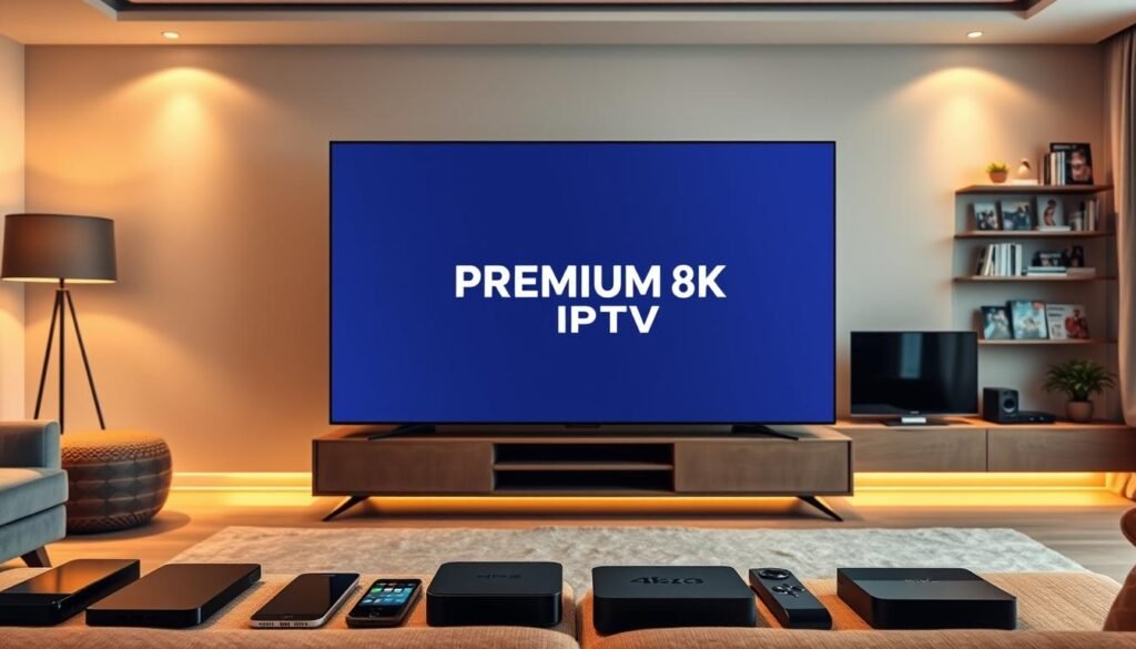 A modern, sleek living room with a large 4K OLED TV at the center, showcasing the PREMIUM 8K IPTV brand logo. The room is bathed in warm, ambient lighting, creating a cozy atmosphere. In the foreground, various smart devices such as smartphones, tablets, and streaming boxes are arranged, highlighting the multi-device compatibility of the IPTV solution. The middle ground features a minimalist, Scandinavian-inspired entertainment unit with clean lines and subtle textures. The background depicts a wall-mounted shelving unit displaying various media content, suggesting the breadth of the IPTV service's offerings. The overall scene conveys a sense of technology integration, premium quality, and a seamless, user-friendly experience.
