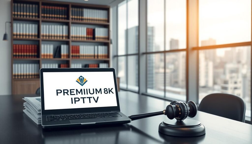 A modern, sleek office interior with large windows overlooking a cityscape. In the foreground, a desk with a laptop displaying the "PREMIUM 8K IPTV" brand logo, surrounded by stacks of legal documents and a gavel. The middle ground features a bookshelf filled with law books, while the background showcases the urban skyline, suggesting the legal implications and regulations surrounding IPTV services. The lighting is soft and professional, creating a contemplative atmosphere. The camera angle is slightly elevated, giving a sense of authority and seriousness to the scene.