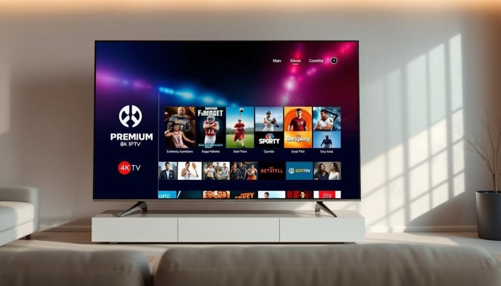 A modern, sophisticated IPTV subscription service, featuring a sleek array of high-quality entertainment and sports content. The PREMIUM 8K IPTV interface is displayed on a large, 4K resolution smart TV screen, showcasing vibrant, hyper-realistic visuals. The foreground features the PREMIUM 8K IPTV logo and brand identity, while the middle ground depicts various genre-specific content icons. The background showcases a minimalist, elegant living room setting with subtle lighting, creating a cozy, immersive atmosphere for the viewer. The overall composition conveys a sense of technological advancement, premium quality, and a comprehensive, tailored IPTV experience.