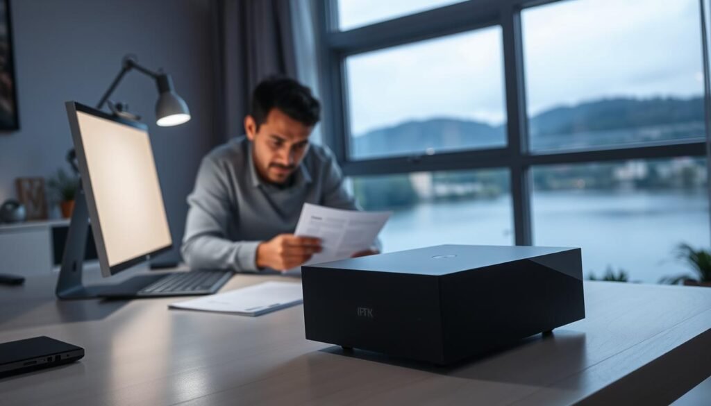 A modern, well-lit home office setup with a sleek PREMIUM 8K IPTV box prominently displayed on a minimalist desk. The box has a clean, angular design with silver accents. The user is leaning over the desk, intently studying the accompanying instruction manual, their face illuminated by the soft glow of the screen. Behind them, a large window offers a view of a serene, natural landscape, creating a calming atmosphere. The lighting is balanced, with soft shadows and highlights that accentuate the details of the IPTV box and the user's workspace. The overall scene conveys a sense of focus, productivity, and technological integration in a harmonious domestic setting.
