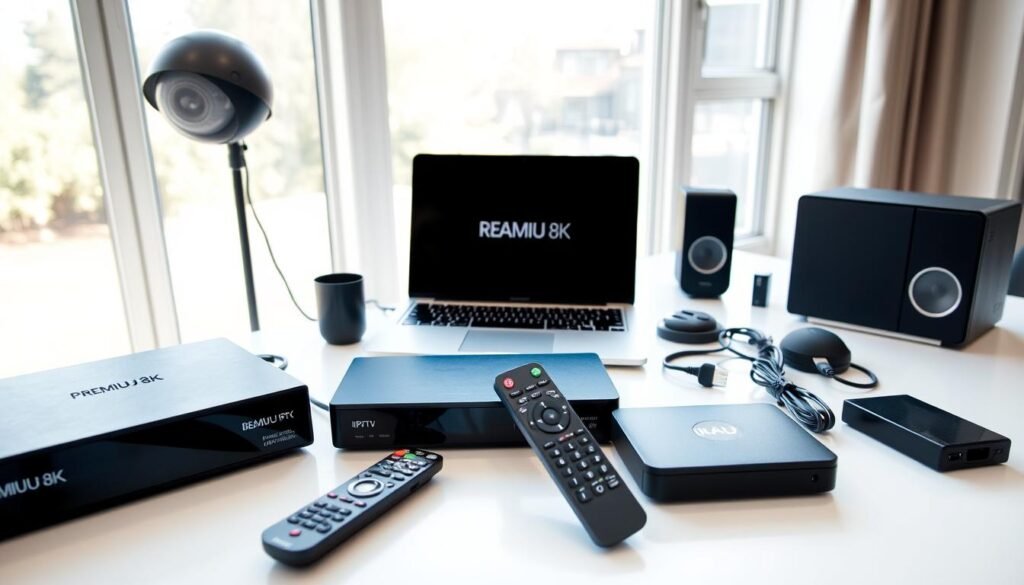 A modern, well-organized desk setup displaying a laptop, remote control, and various IPTV-related devices and accessories. The scene is brightly lit by natural light filtering through large windows, creating a clean and professional atmosphere. The "PREMIUM 8K IPTV" brand is prominently featured on the devices. The composition emphasizes the simplicity and ease of setting up the IPTV service, reflecting the "BASTA IPTV" article's focus on providing the ultimate TV streaming solution in Sweden.