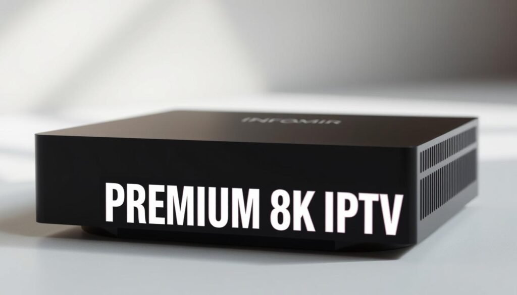 A professional-grade IPTV box, the Infomir MAG424w3 stands out with its sleek, matte black chassis, featuring clean, minimalist lines. Showcased on a neutral background, the device is illuminated by soft, directional lighting, highlighting its premium metal construction and discreet LED indicators. The camera captures the IPTV box from a slightly elevated angle, emphasizing its modern, streamlined design. The PREMIUM 8K IPTV text appears subtly in the foreground, conveying the device's high-end capabilities. An atmosphere of sophistication and technological prowess pervades the image, reflecting the Infomir MAG424w3's position as a professional streaming solution.