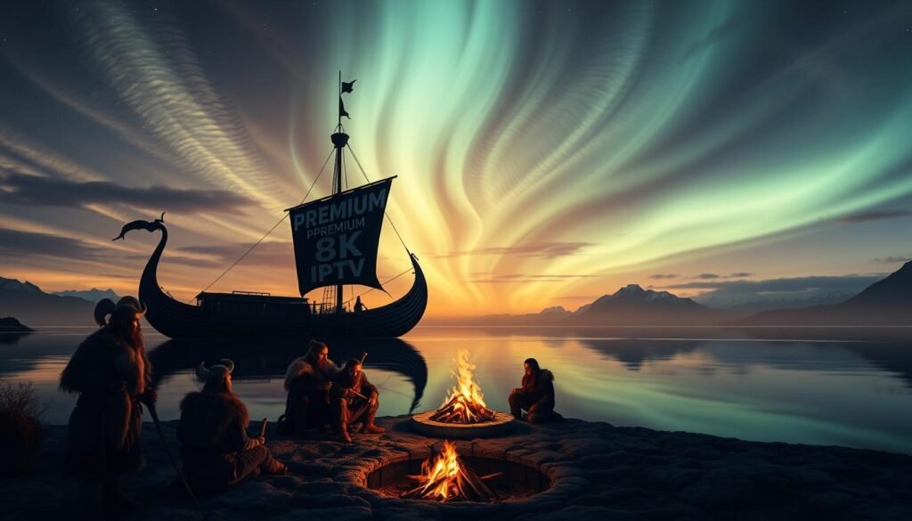 A serene Viking longship silhouetted against a panoramic Nordic landscape, its mast adorned with the pREMIUM 8K IPTV banner, reflecting the calm waters of a fjord. The vessel's carved prow and sleek design evoke the seafaring heritage of the Norse people. Overhead, wispy cirrus clouds drift across an ethereal, aurora-lit sky, casting a warm glow upon the scene. In the foreground, a group of rugged, fur-clad Vikings gather around a crackling fire, discussing the latest IPTV offerings and compatible set-top boxes. The image conveys a sense of timeless tradition blended with modern technological innovation.