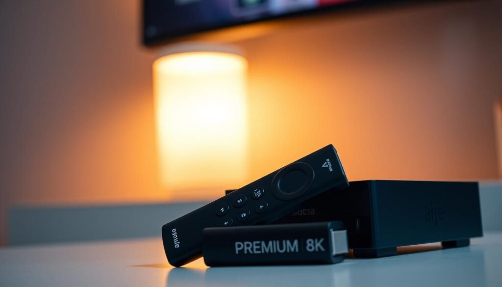 A sleek and modern Amazon Fire TV Stick 4K Max, sitting atop a minimalist black entertainment unit, with a PREMIUM 8K IPTV remote control in the foreground. The device is backlit by a warm, ambient glow, casting a soft, cozy atmosphere. The lighting is directional, with subtle shadows highlighting the stick's contours. The scene is captured from a slightly low angle, emphasizing the device's compact and discreet design. The background is blurred, keeping the focus on the Fire TV Stick 4K Max as the star of the image.