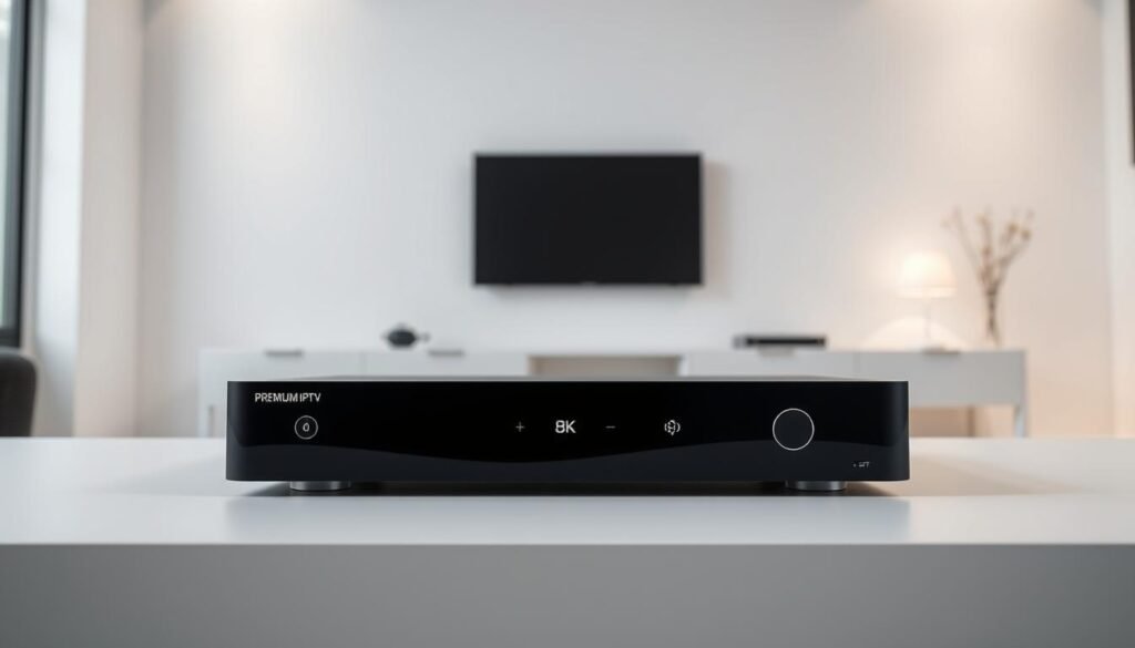 A sleek and modern IPTV device sits prominently in the foreground, its premium 8K resolution display illuminated by soft, diffused lighting. Behind it, a minimalist, white-walled room showcases the product's seamless integration into a contemporary Belgian home setting. Subtle IPTV-themed icons and graphics subtly accent the scene, conveying the specialized, high-quality nature of the "PREMIUM 8K IPTV" solution. The overall atmosphere is one of sophistication, technology, and a premium viewer experience tailored for the discerning Belgian consumer.