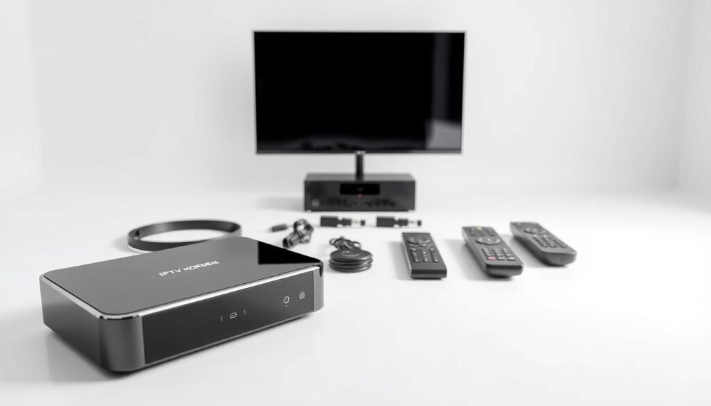 A sleek and modern setup guide for IPTV NORDEN, with a pristine white backdrop and a minimalist layout. In the foreground, a high-end PREMIUM 8K IPTV device takes center stage, its sleek design and glossy finish catching the eye. The middle ground features a neatly organized set of cables, connectors, and remote controls, hinting at the seamless integration and user-friendly experience. The background showcases a clean, well-lit environment, reflecting the clarity and simplicity of the IPTV NORDEN setup process. The overall mood is one of efficiency, sophistication, and attention to detail, capturing the essence of the "Setting Up Your IPTV NORDEN Service" section.