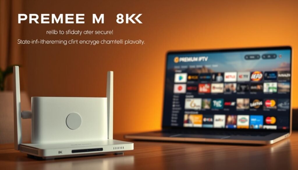 A sleek and secure PREMIUM 8K IPTV service, with a refined user interface and state-of-the-art encryption to safeguard user privacy. Warm lighting illuminates the scene, creating a cozy and trustworthy atmosphere. In the foreground, a minimalist router and a high-end streaming device seamlessly blend, symbolizing the reliable infrastructure behind the IPTV platform. The middle ground features a laptop displaying the PREMIUM 8K IPTV interface, showcasing its intuitive design and comprehensive channel lineup. In the background, a subtle gradient evokes a sense of modern technology and digital security. The overall composition conveys the idea of a secure and premium IPTV experience, tailored to the discerning user.